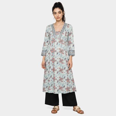 Women's Light Blue V-Neck Floral Printed Kurta