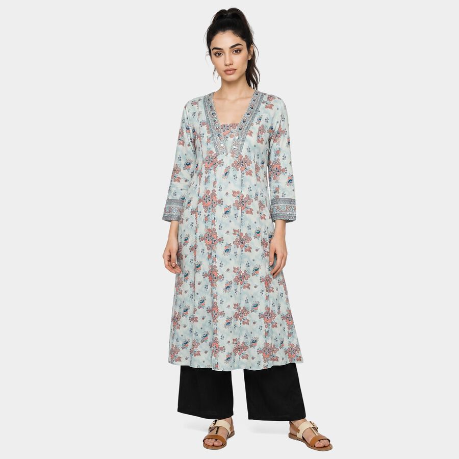 Women's Light Blue V-Neck Floral Printed Kurta, Light Blue, large