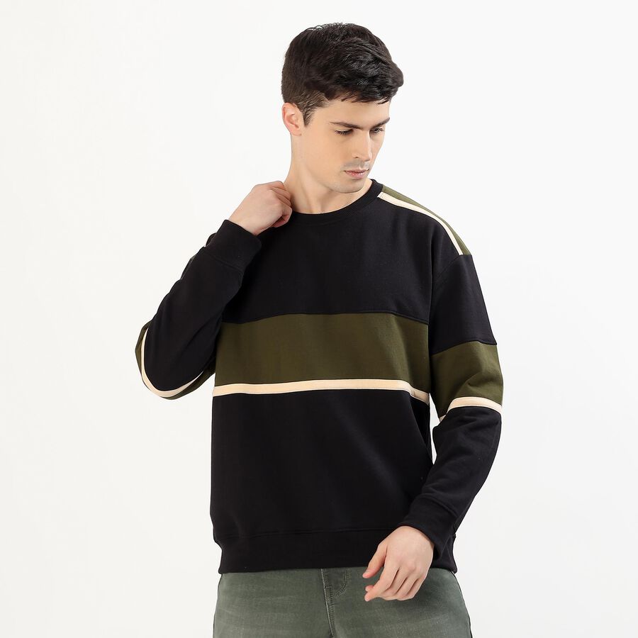Men's Jet Black and Olive Green Crew Neck Casual Sweatshirt, काला, large image number null