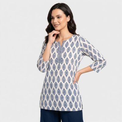 Women's White Notch Neck Floral Printed Kurti