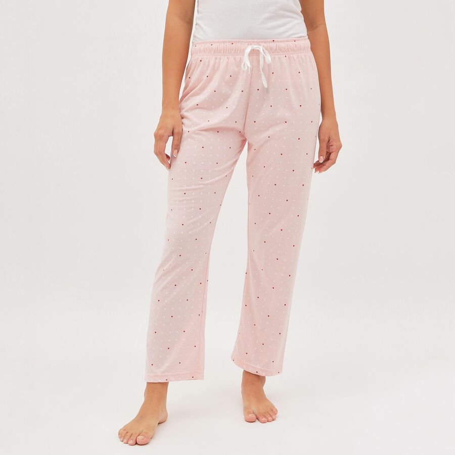 Women's Soft Pink Heart Print Elastic Waist Pyjama, Light Pink, large image number null