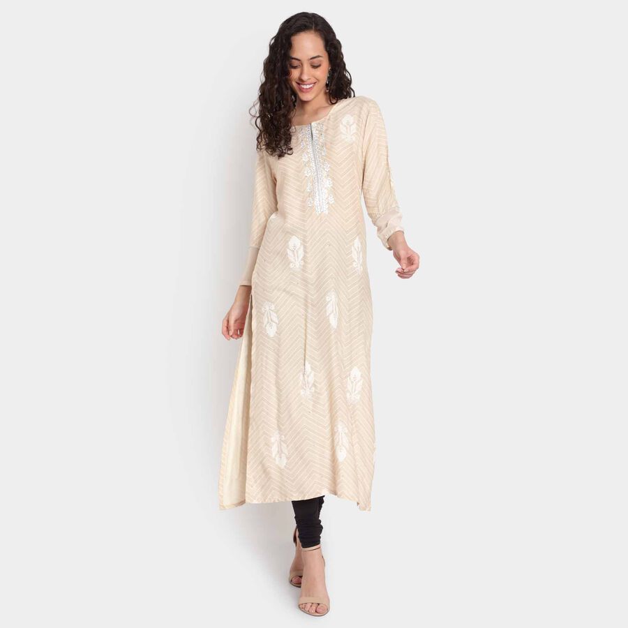 Solid Bell Sleeves Straight Kurta, Beige, large image number null