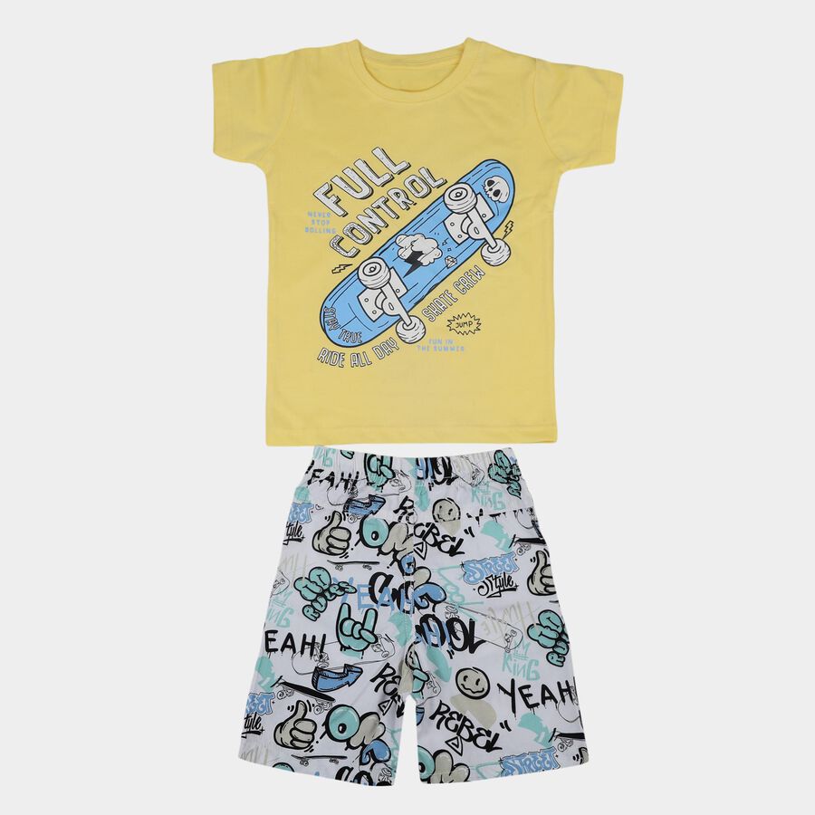 Boys' Yellow Cotton Round Neck Graphic Baba Suit, Yellow, large