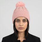 Women's Pink Cable Knit Pom-Pom Beanie Cap, हल्का गुलाबी, small