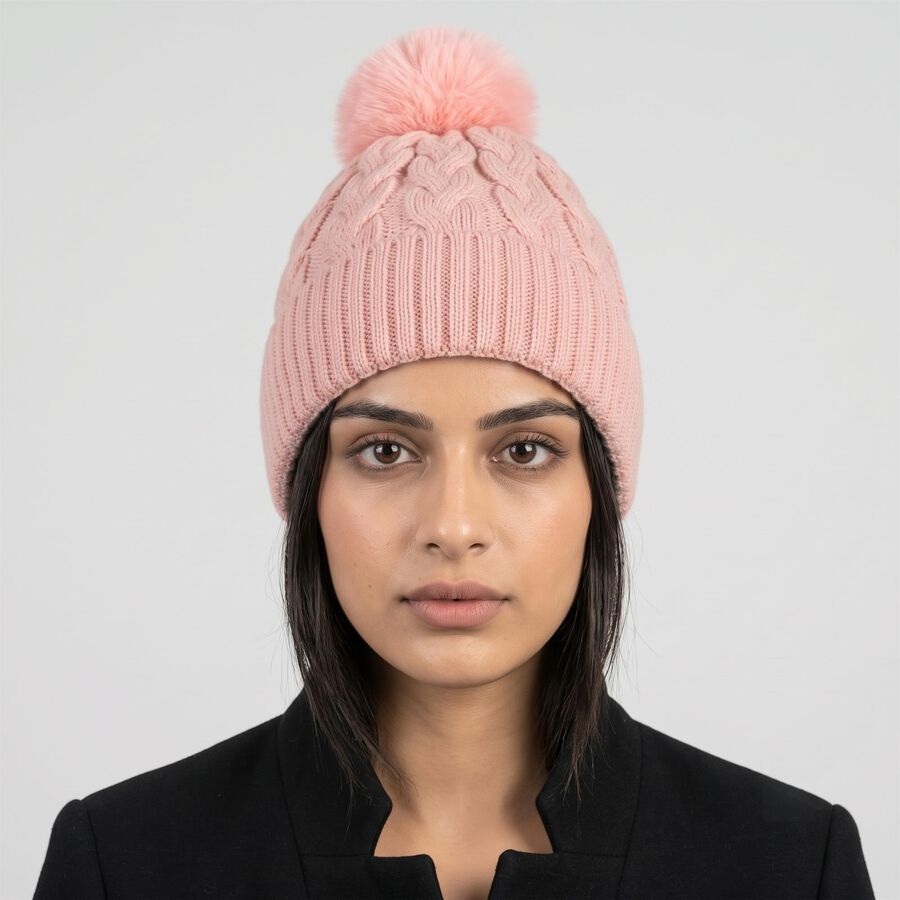 Women's Pink Cable Knit Pom-Pom Beanie Cap, हल्का गुलाबी, large