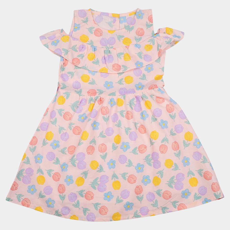 Girls' Pink Fit and Flare Floral Printed Cold Shoulder Frock, Light Pink, large