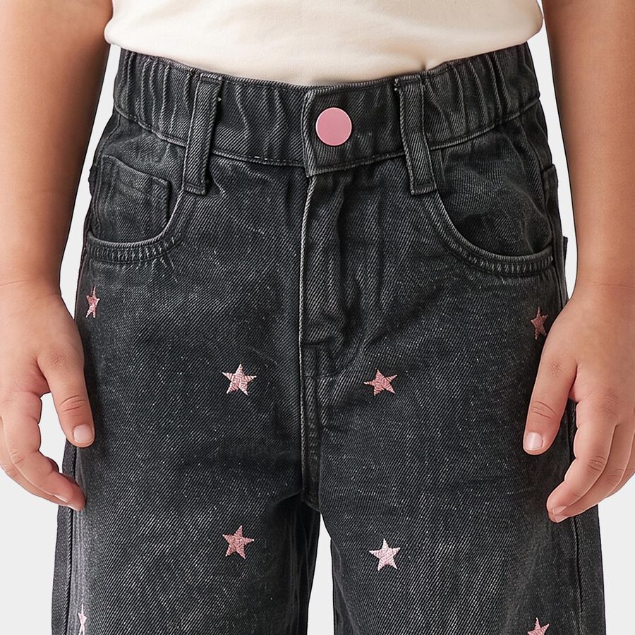 Girls' Black Wide Leg Star Printed Jeans, Black, large