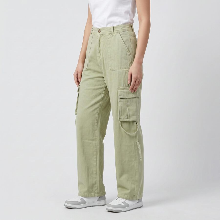 Women's Green Straight Fit Cargo Style Jeans, Green, large