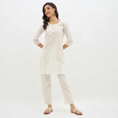 Women's Ivory White Cotton Round Neck Printed Kurta