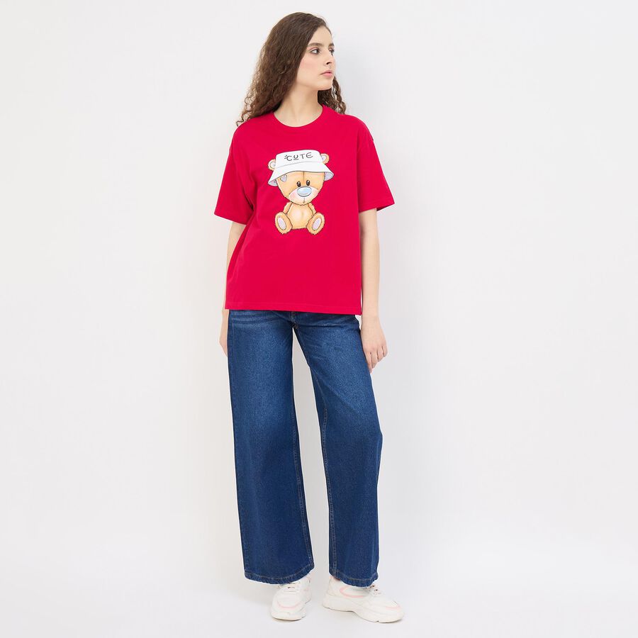 Women's Muted Peach Cotton Round Neck Casual Graphic T-Shirt, रानी (फ्यूशिया), large