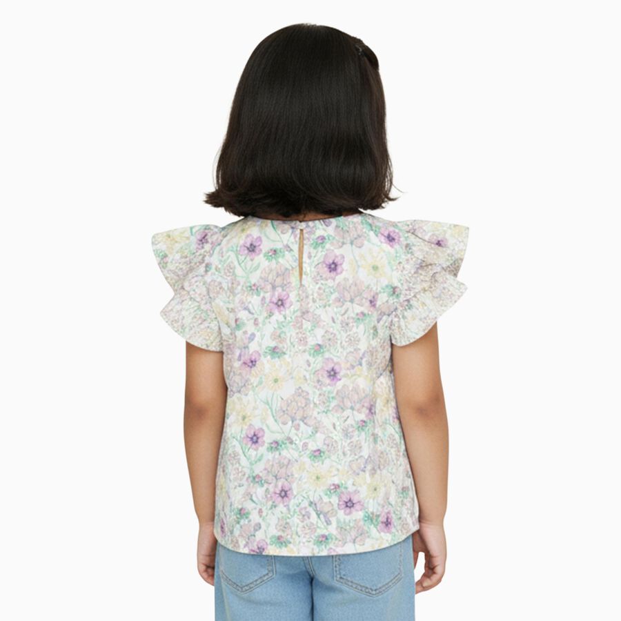 Girls' Off White Round Neck Casual Floral Printed T-Shirt, Off White, large image number null