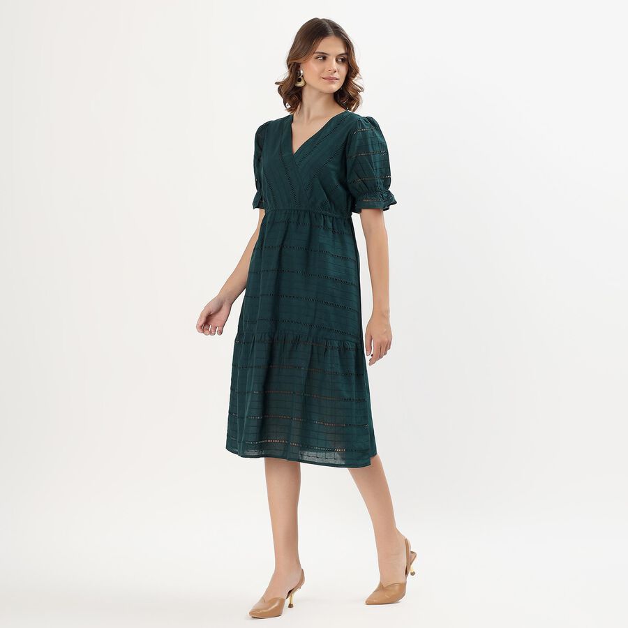Women's Deep Forest Green Cotton V-Neck Empire Dress, गहरा हरा, large image number null