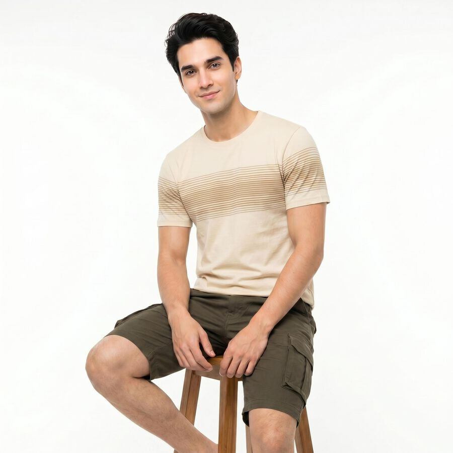 Men's Cream Cotton Round Neck Striped Regular T-Shirt, Off White, large