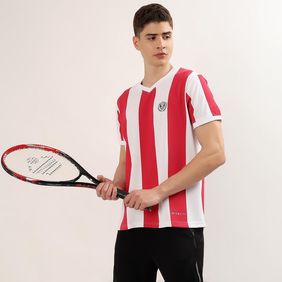 Men's Red V-Neck Striped Athleisure T-Shirt, Red, large