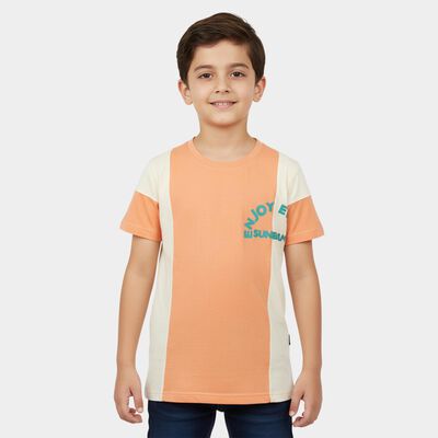 Boys Orange Cotton Round Neck Casual Half Sleeve T-Shirt