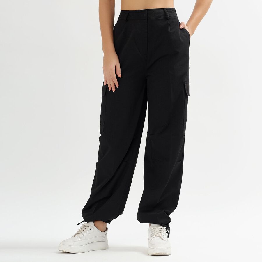 Women's Jet Black Regular Fit Mid Rise Cargo Trousers, Black, large image number null