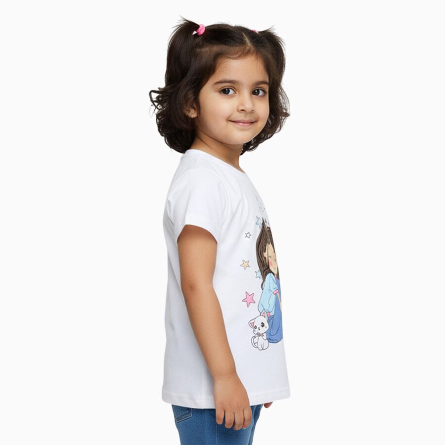 Girls White Cotton Round Neck Cartoon Printed T-Shirt, White, large
