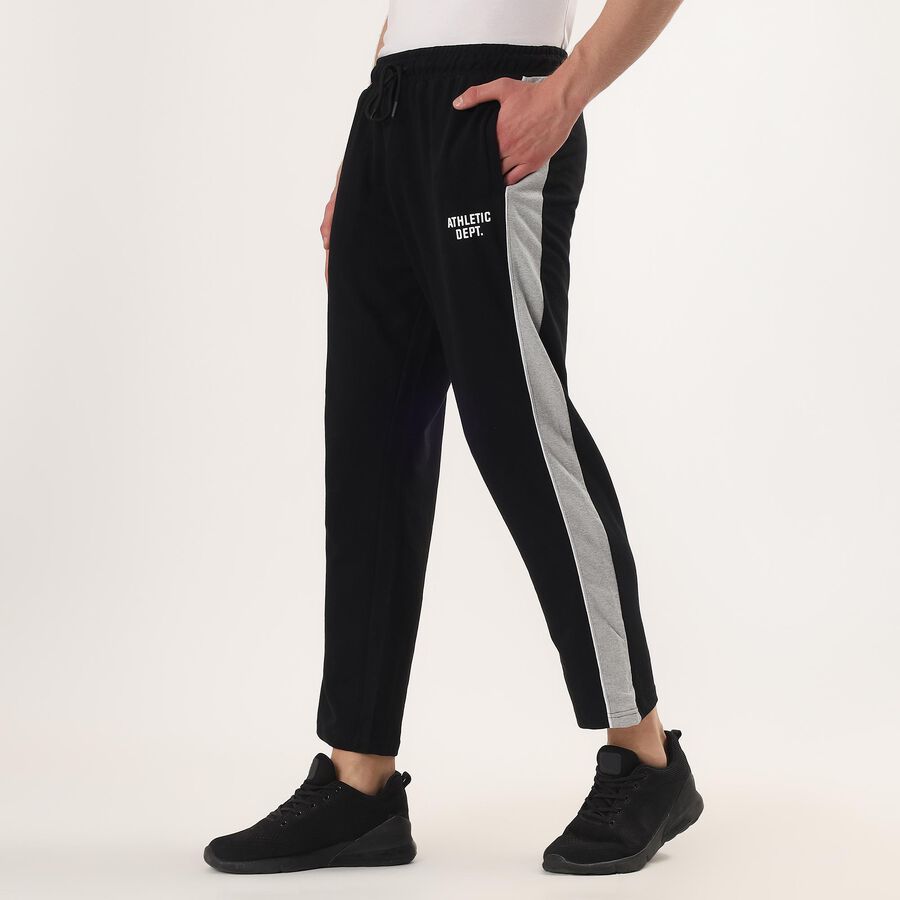 Men's Black Regular Fit Side-Striped Athletic Print Track Pants, Black, large