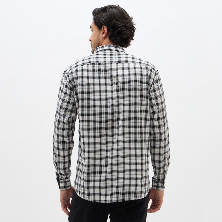 Men's White and Black Checkered Spread Collar Casual Shirt, White, large
