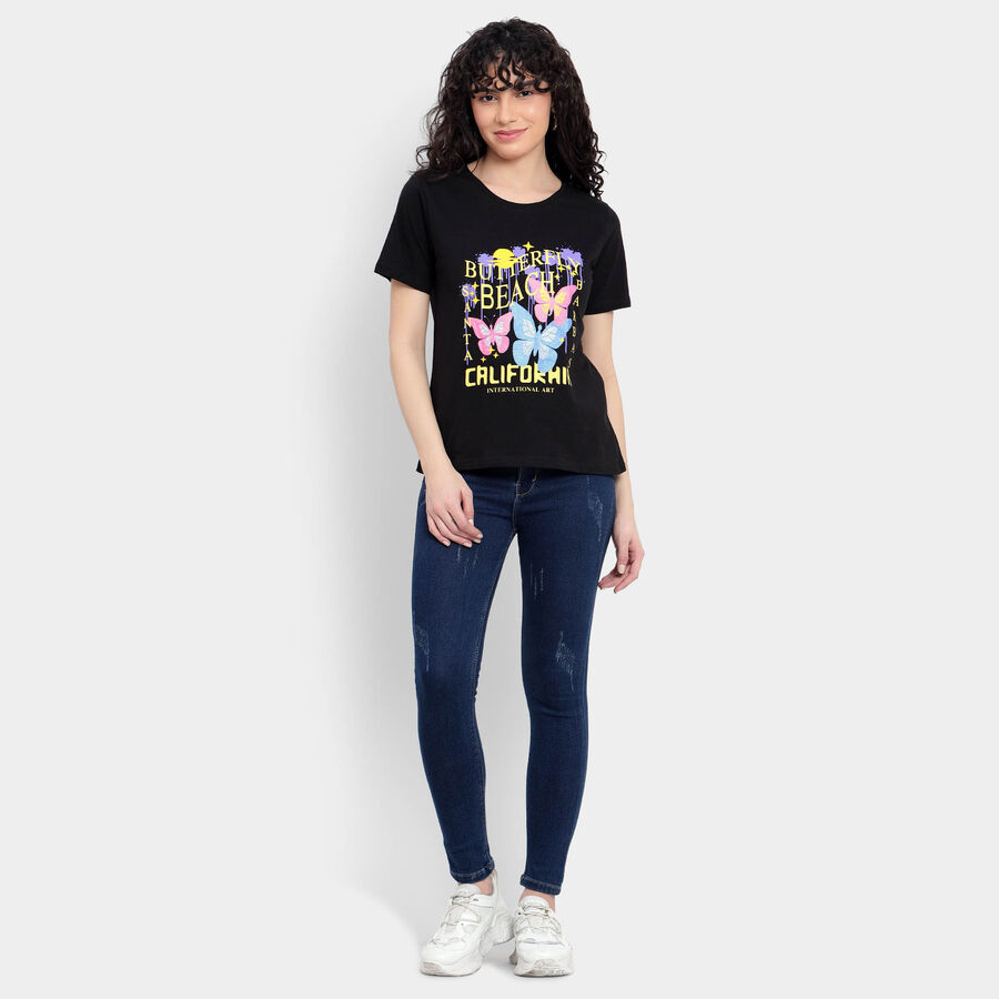 Cotton Round Neck T-Shirt, काला, large image number null