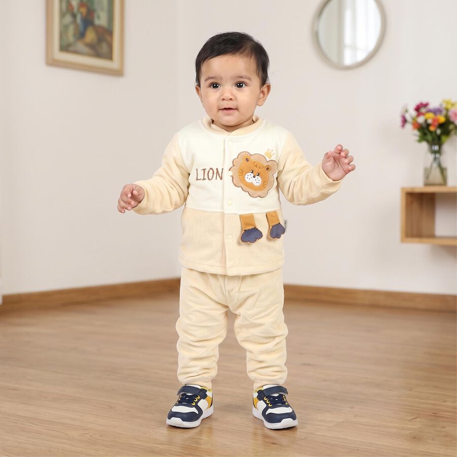 Infants' Beige Round Neck Lion Applique Baba Suit, गहरा पीला, large