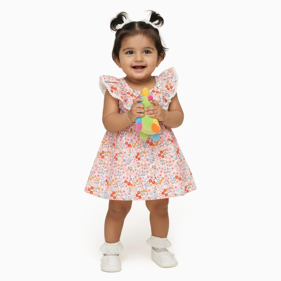 Infants' Pink Floral Cotton Ruffled Frock, हल्का गुलाबी, large image number null