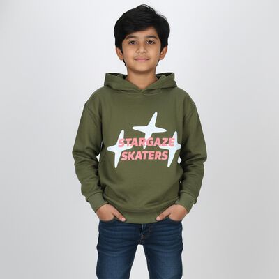 Boys Olive Green Hooded Neck Casual Sweatshirt