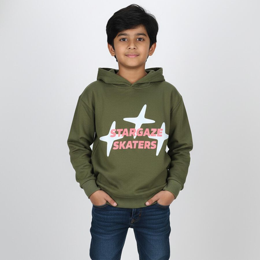 Boys Olive Green Hooded Neck Casual Sweatshirt, Olive, large image number null