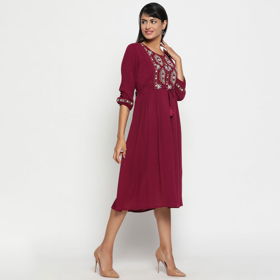 Embroidered Calf Length Dress, वाइन, large image number null