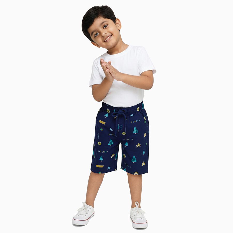 Boys Navy Blue Forest Print Cotton Jamaican Shorts, Navy Blue, large image number null