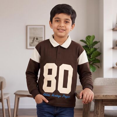 Boys' Brown Polo Neck Graphic Sweatshirt