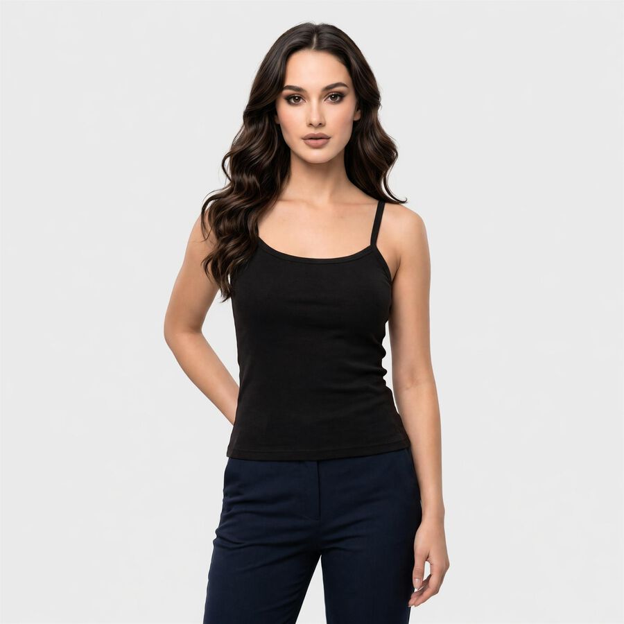 Women Black Cotton Scoop Neck Camisole Slips, काला, large
