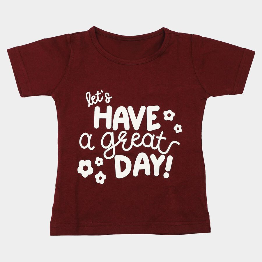 Girls Wine Cotton Blend Round Neck Regular T-Shirt, Wine, large