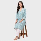 Women's Light Blue V-Neck Floral Printed Kurta, Light Blue, small