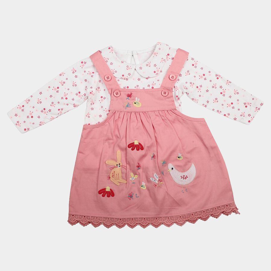 Infants' Pink Cotton Fit and Flare Embroidered Pinafore Frock, Light Pink, large