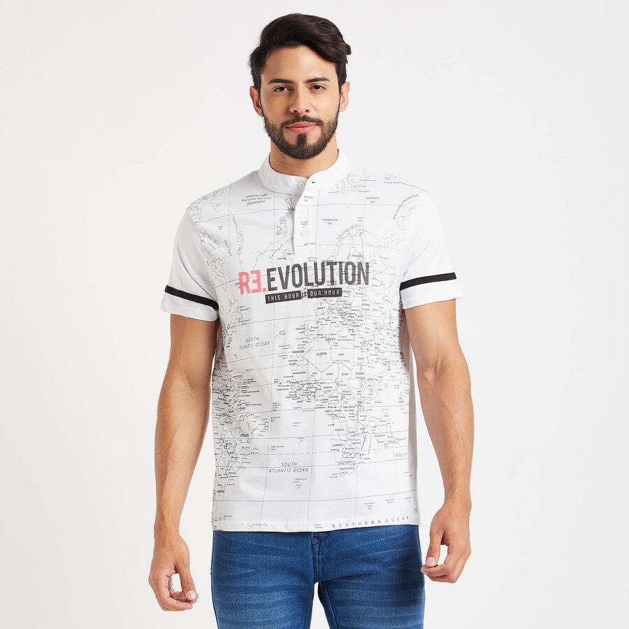 Cotton Printed Henley T-Shirt, White, large image number null