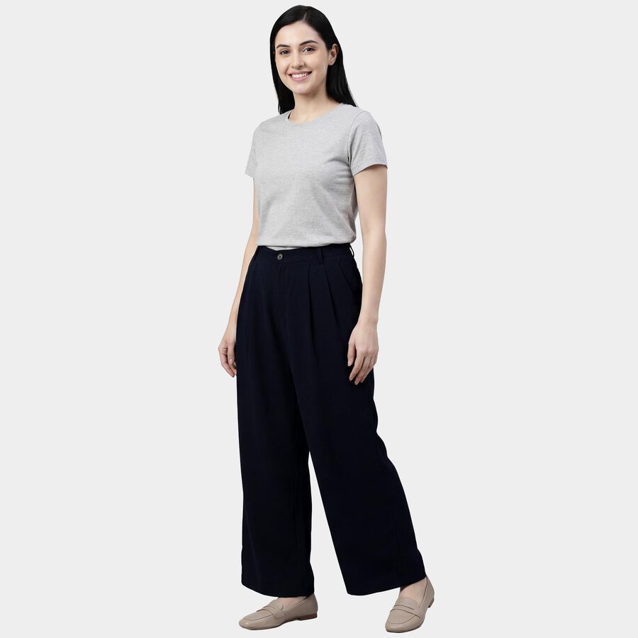 Women's Navy Blue Relaxed Fit Pleated Wide-Leg Trousers, नेवी ब्लू, large