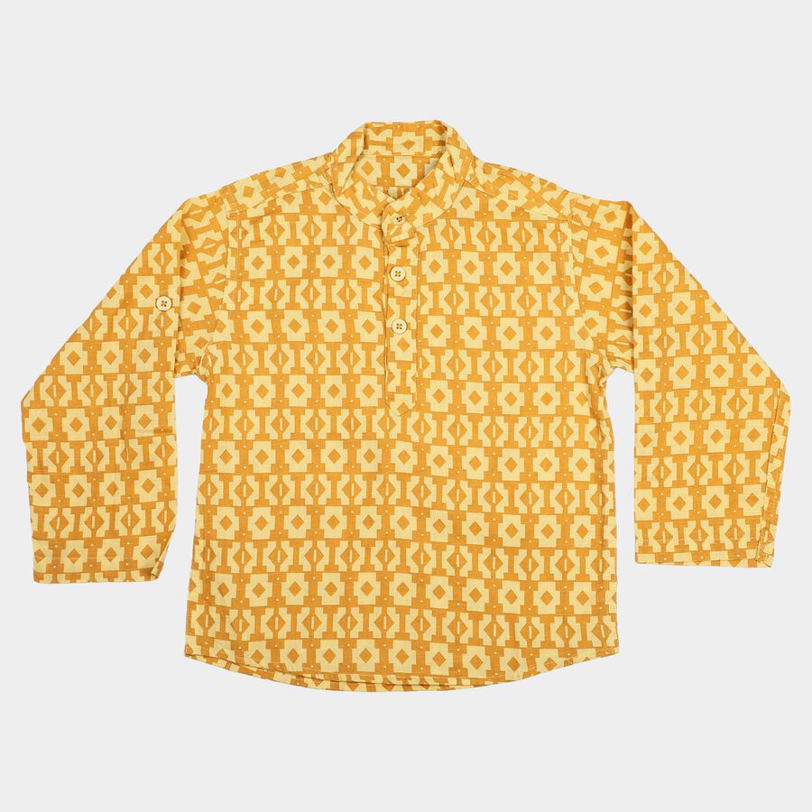 Boys' Yellow Cotton Mandarin Collar Casual Shirt, पीला, large