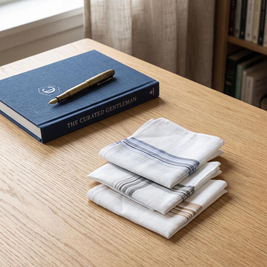 Men's White Striped Pack of 3 Handkerchief, White, large