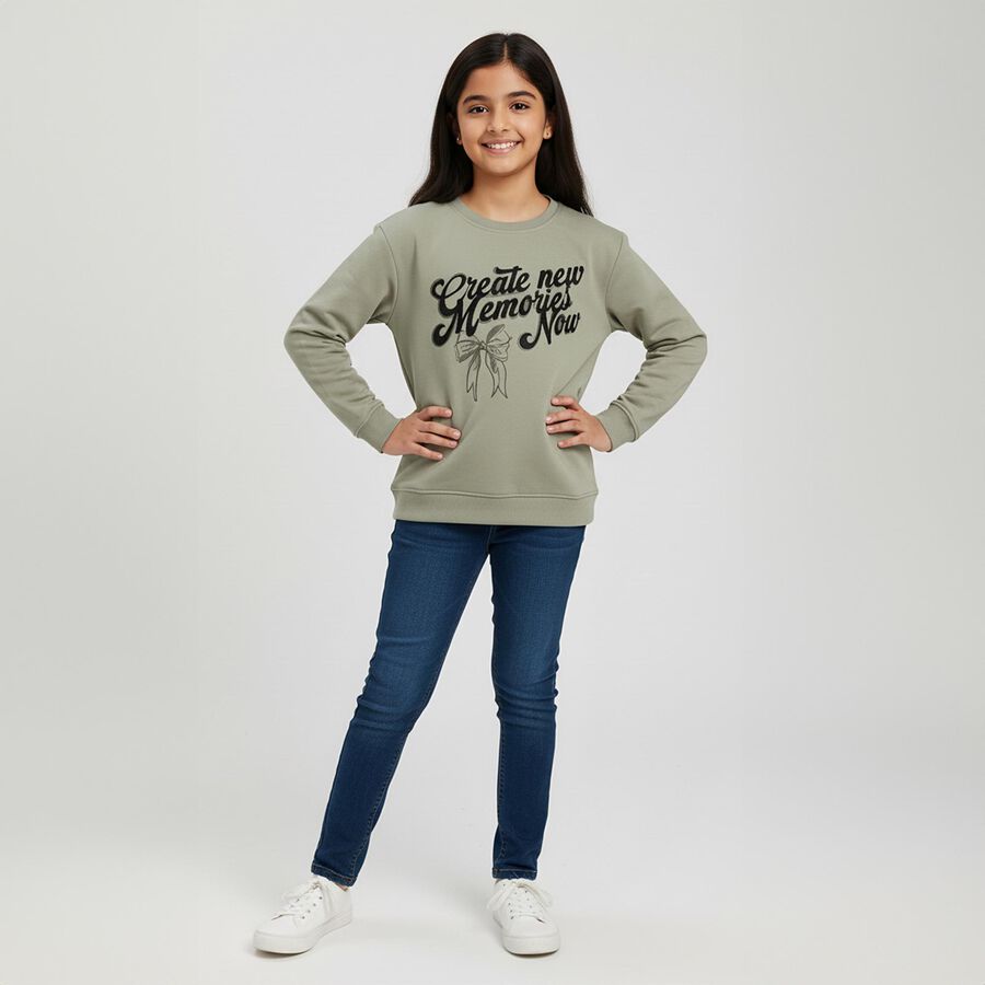 Girls Muted Sage Green Crew Neck Casual Sweatshirt, हल्का हरा, large image number null