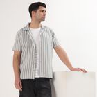 Men's Muted Grey Striped Cuban Collar Casual Shirt, Dark Grey, small
