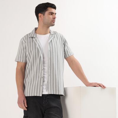 Men's Muted Grey Striped Cuban Collar Casual Shirt
