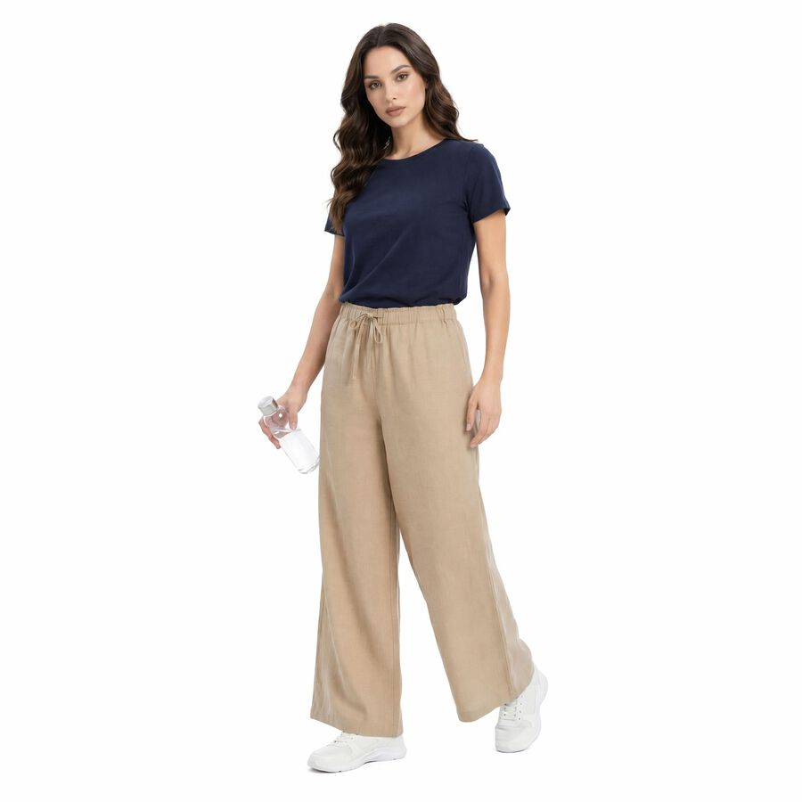 Women Beige Wide Leg Drawstring Waist Track Pants, गहरा पीला, large