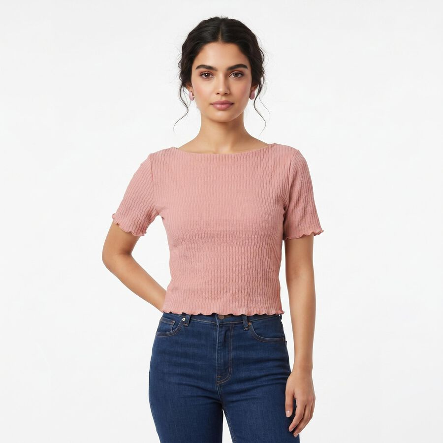 Women's Pink Boat Neck Crop Top, Pink, large