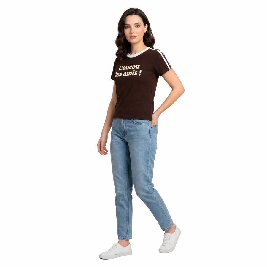 Women's Wine Cotton Blend Round Neck Regular T-Shirt, वाइन, large