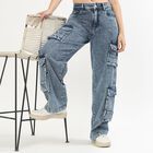 Ladies' 100% Cotton Jeans, मध्यम नीला, small image number null