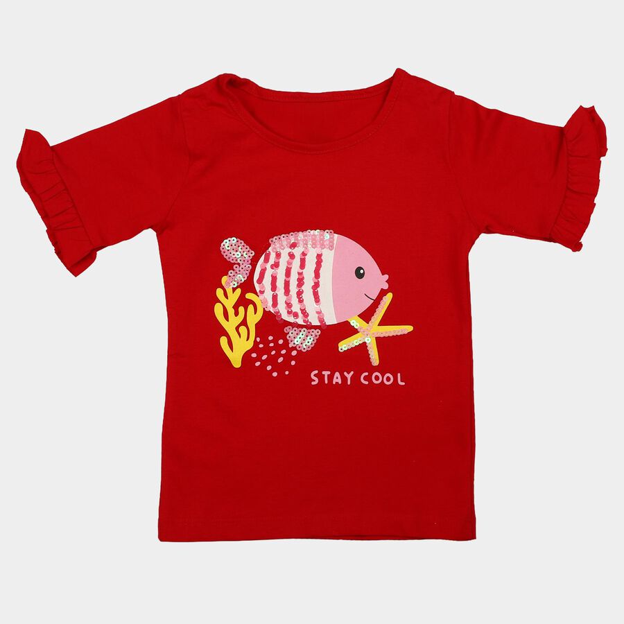 Girls Red Cotton Round Neck Regular T-Shirt, Red, large