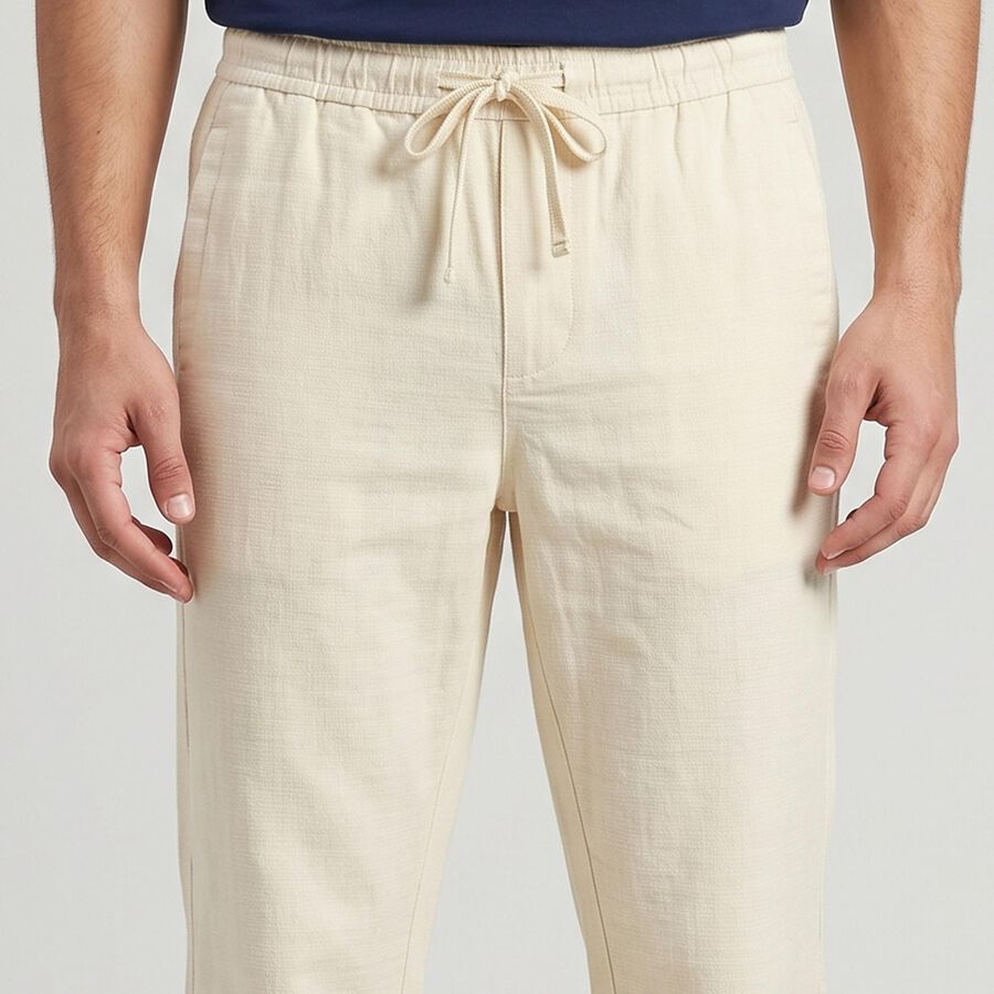 Men's Ecru Melange Slim Fit Drawstring Casual Trousers, Ecru Melange, large
