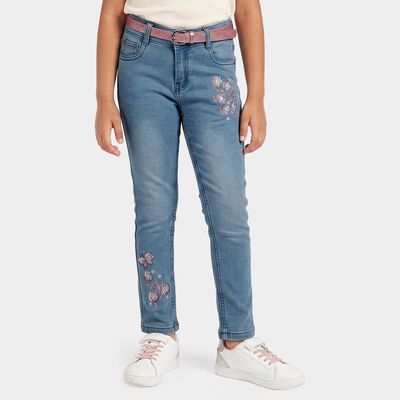 Girls Light Blue Skinny Fit Embroidered Jeans