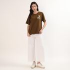Women's Olive 100% Cotton Round Neck Minimalist T-Shirt, Olive, small